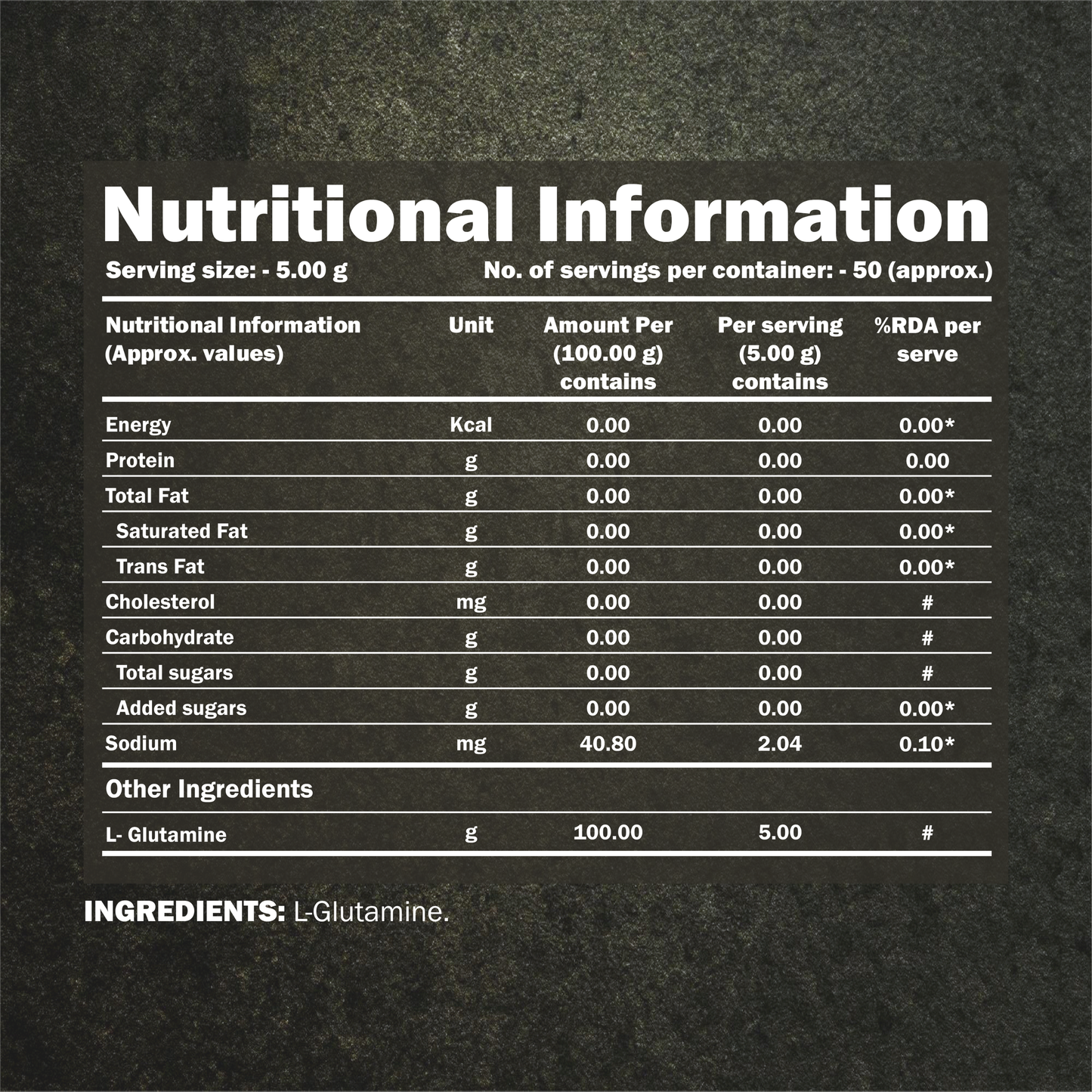 L-Glutamine 5000 mg | 100% Pure, No Additives, No Preservatives | 5g/Serve | 50 Servings