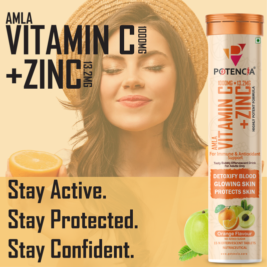 Potencia New Pack of 3 Tubes Amla Vitamin C + Zinc Effervescent Tablets | Immune & Antioxidant Support | Orange Flavour
