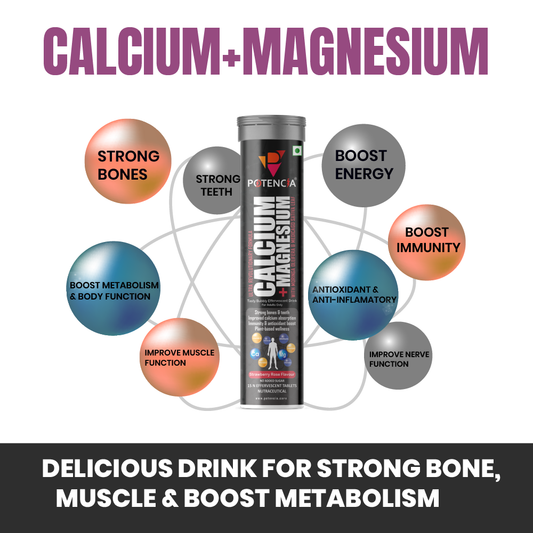 Potencia Pack of 6 Potencia Calcium + Magnesium Effervescent Tablets | Strawberry -Kiwi | Dual Magnesium & Dual Calcium | With Moringa, Medicago & Sativa | 15 Tabs/Bottle
