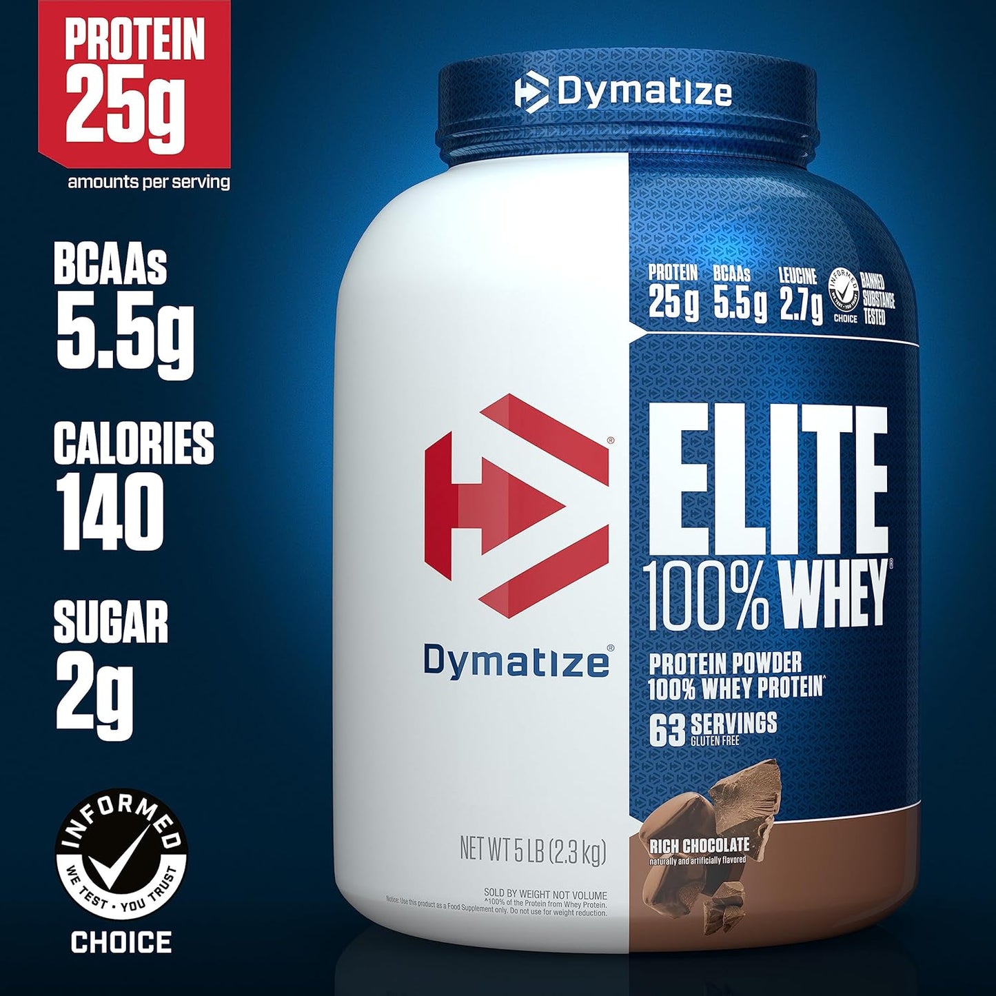 Dymatize Nutrition Elite 100% Whey Protein | Whey Protein Powder | Muscle Recovery | 25g Protein, 5.5g BCAA
