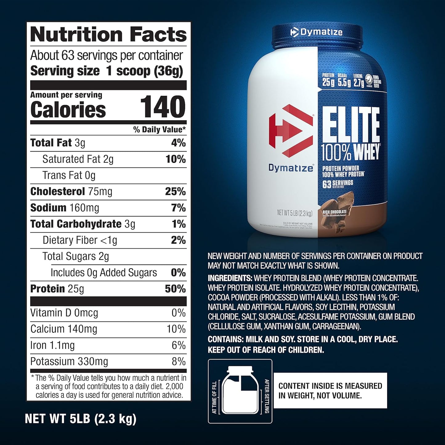 Dymatize Nutrition Elite 100% Whey Protein | Whey Protein Powder | Muscle Recovery | 25g Protein, 5.5g BCAA