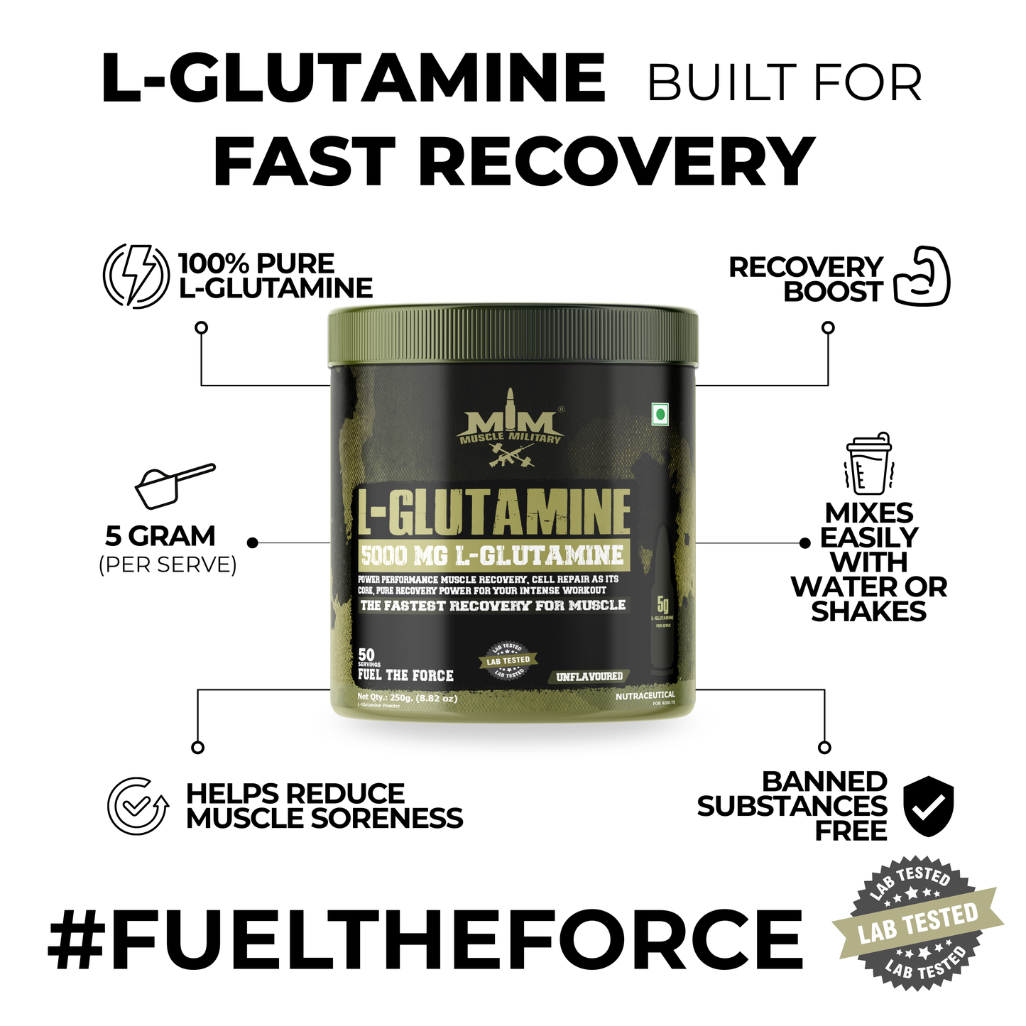 L-Glutamine 5000 mg | 100% Pure, No Additives, No Preservatives | 5g/Serve | 50 Servings