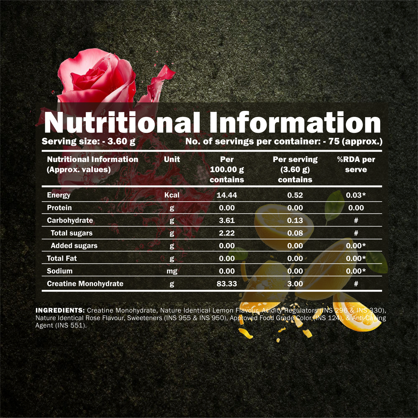 Micronised Creatine Monohydrate Flavoured | 100% Pure Creatine | 3.6g/Serve | 75 Servings