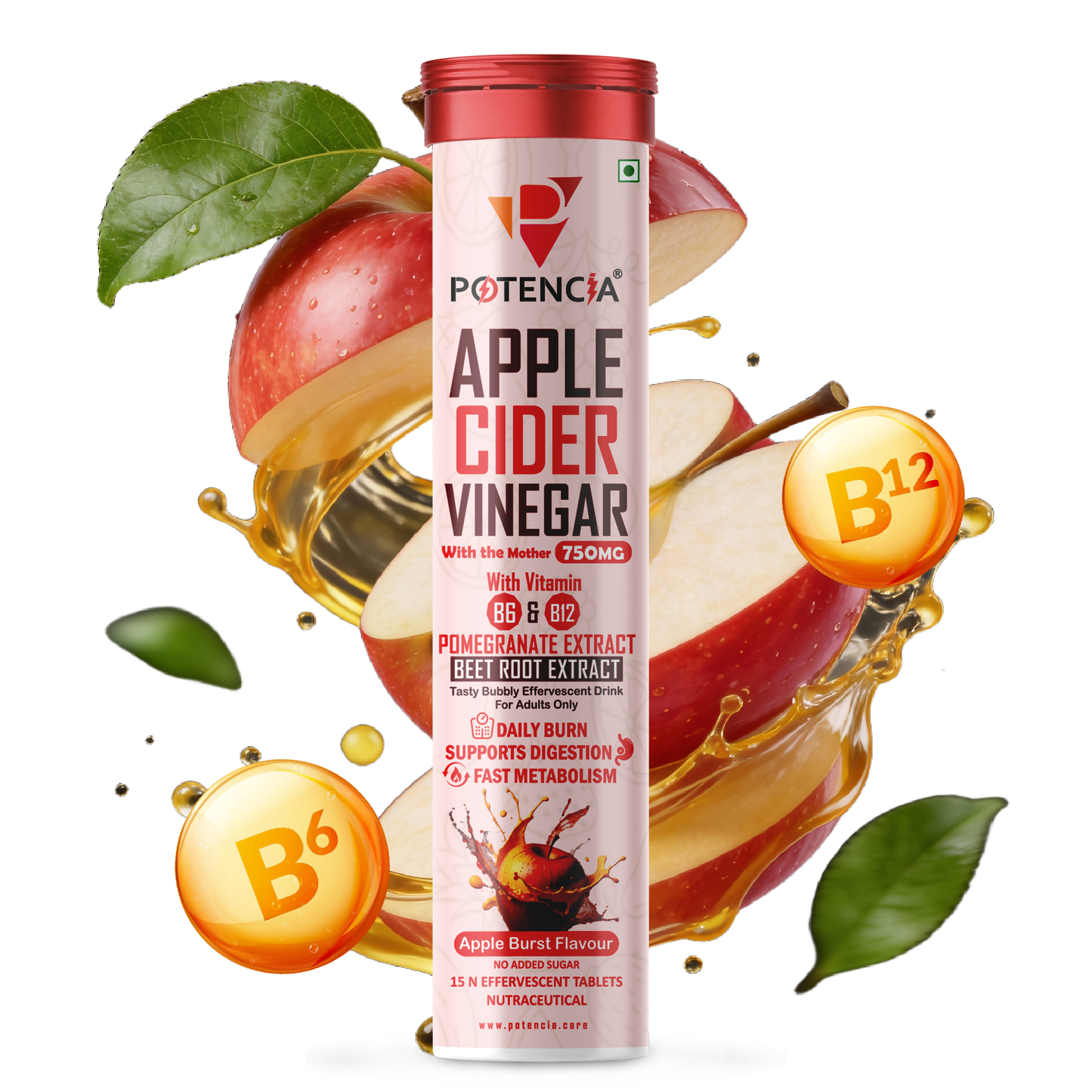 Potencia New Apple Cider Vinegar Tablets with Pomegranate & Beetroot Extract | Metabolism, Digestion & Weight Management Support | With Vitamin B6 & B12