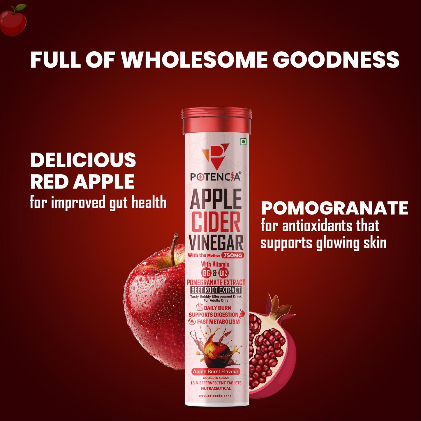 Potencia ( Pack of 6 Tubes ) Apple Cider Vinegar Tablets with Pomegranate & Beetroot Extract | Metabolism, Digestion & Weight Management Support | With Vitamin B6 & B12