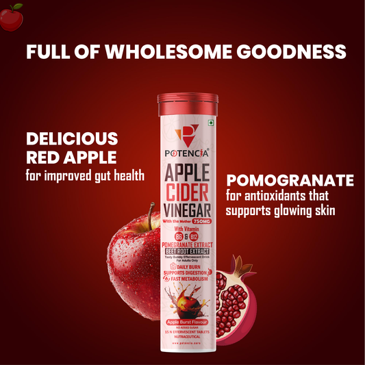 Potencia New Apple Cider Vinegar Tablets with Pomegranate & Beetroot Extract | Metabolism, Digestion & Weight Management Support | With Vitamin B6 & B12