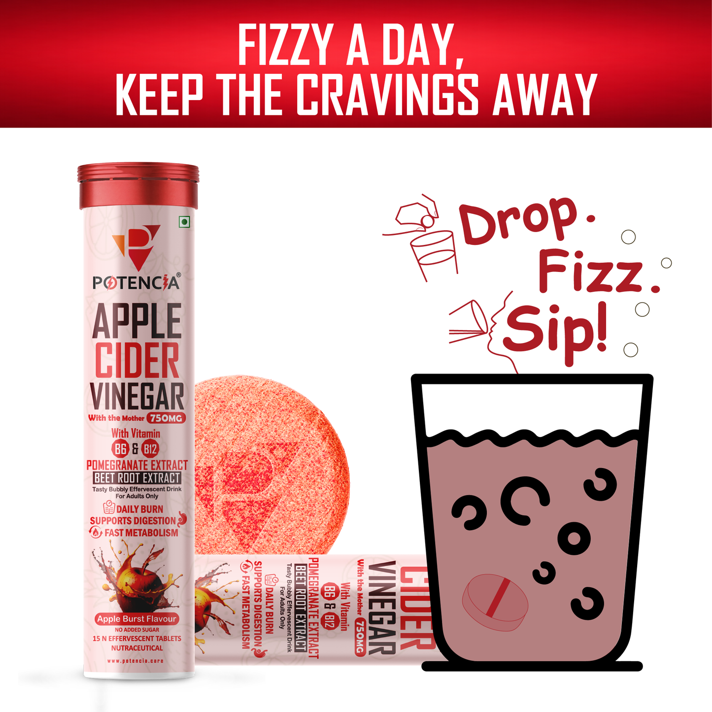 Potencia ( Pack of 6 Tubes ) Apple Cider Vinegar Tablets with Pomegranate & Beetroot Extract | Metabolism, Digestion & Weight Management Support | With Vitamin B6 & B12