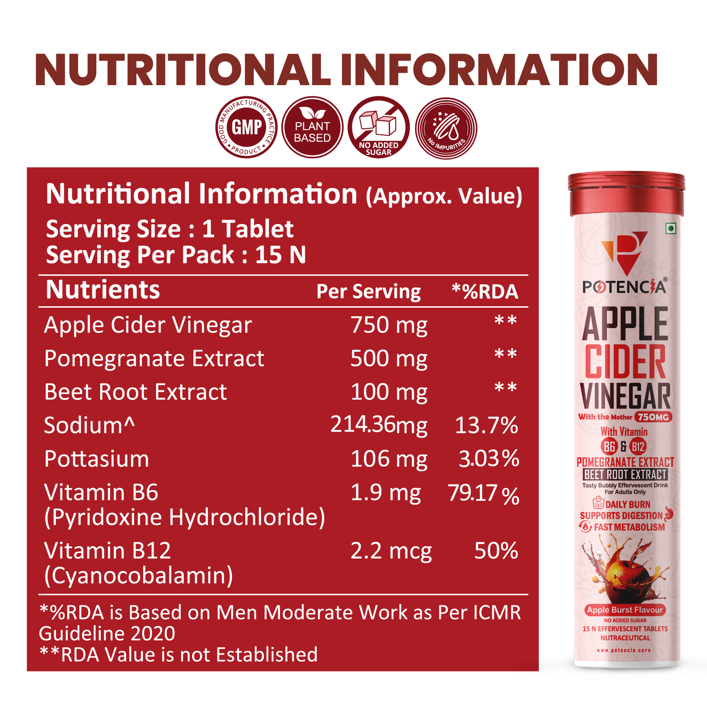 Potencia ( Pack of 6 Tubes ) Apple Cider Vinegar Tablets with Pomegranate & Beetroot Extract | Metabolism, Digestion & Weight Management Support | With Vitamin B6 & B12