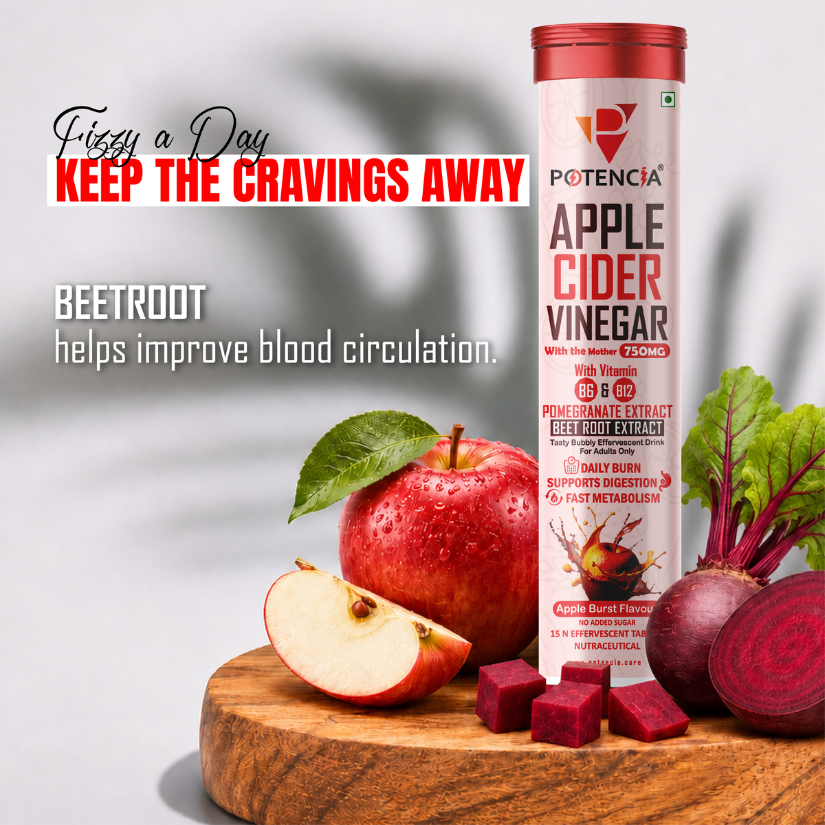 Potencia New Apple Cider Vinegar Tablets with Pomegranate & Beetroot Extract | Metabolism, Digestion & Weight Management Support | With Vitamin B6 & B12