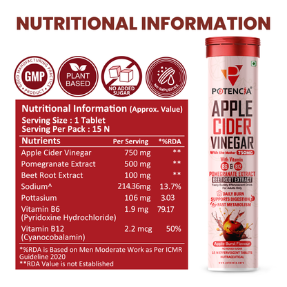 Potencia New Apple Cider Vinegar Tablets with Pomegranate & Beetroot Extract | Metabolism, Digestion & Weight Management Support | With Vitamin B6 & B12