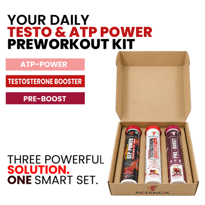 Potencia Testo & ATP Power Pre-Workout Kit | ATP Power + Testosterone Booster + Pre-Boost | Effervescent Tablets | Pack of 3 (45 Tablets)
