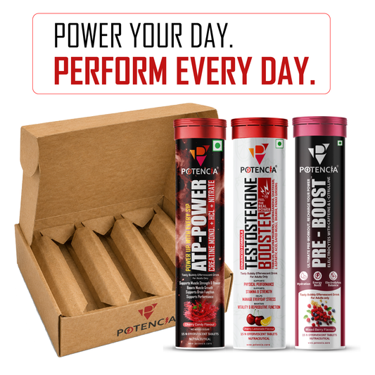 Potencia Testo & ATP Power Pre-Workout Kit | ATP Power + Testosterone Booster + Pre-Boost | Effervescent Tablets | Pack of 3 (45 Tablets)