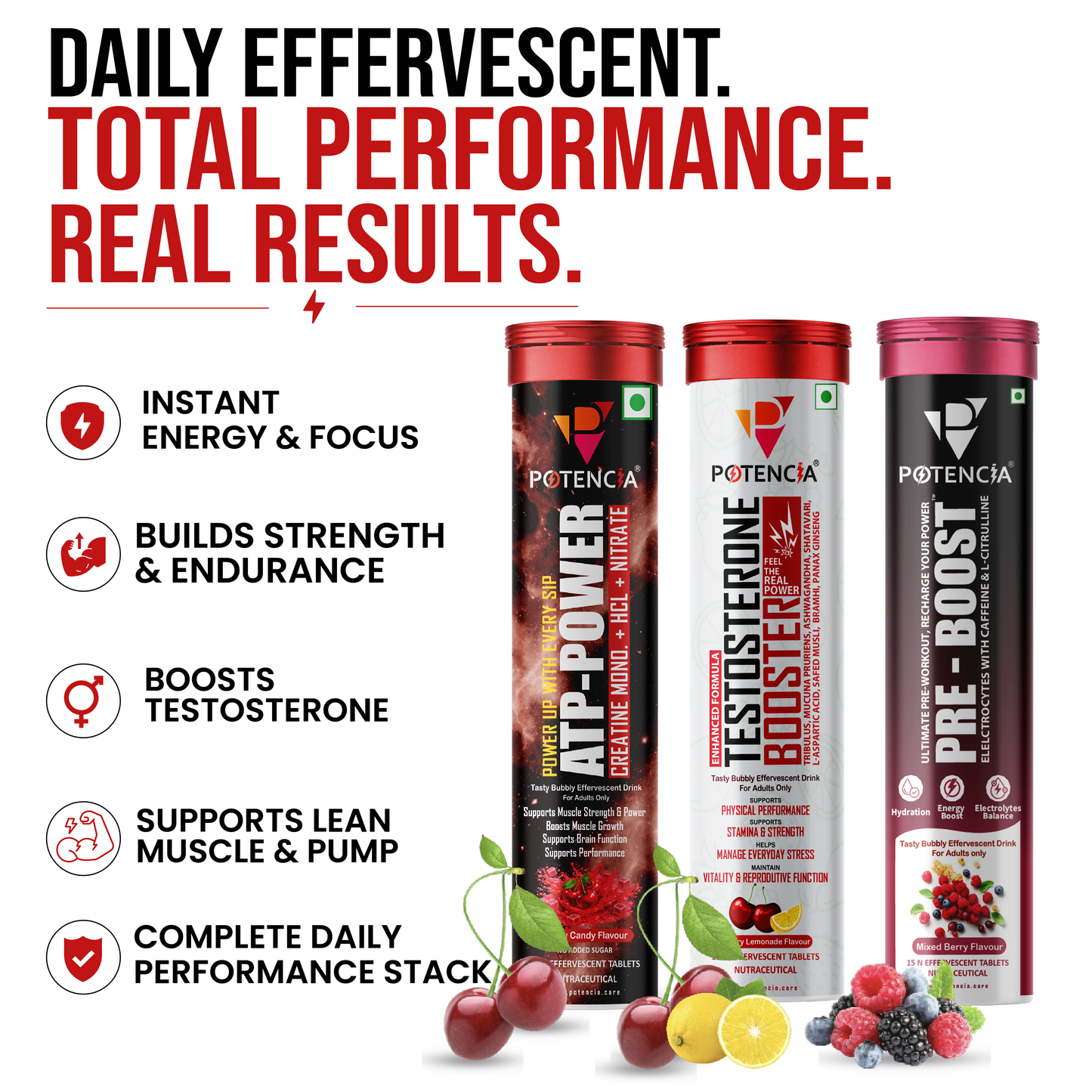 Potencia Testo & ATP Power Pre-Workout Kit | ATP Power + Testosterone Booster + Pre-Boost | Effervescent Tablets | Pack of 3 (45 Tablets)