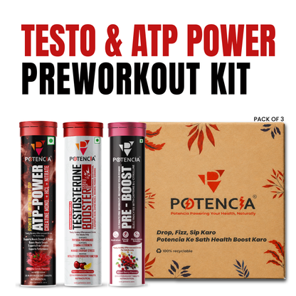 Potencia Testo & ATP Power Pre-Workout Kit | ATP Power + Testosterone Booster + Pre-Boost | Effervescent Tablets | Pack of 3 (45 Tablets)