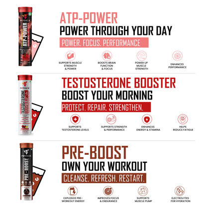 Potencia Testo & ATP Power Pre-Workout Kit | ATP Power + Testosterone Booster + Pre-Boost | Effervescent Tablets | Pack of 3 (45 Tablets)