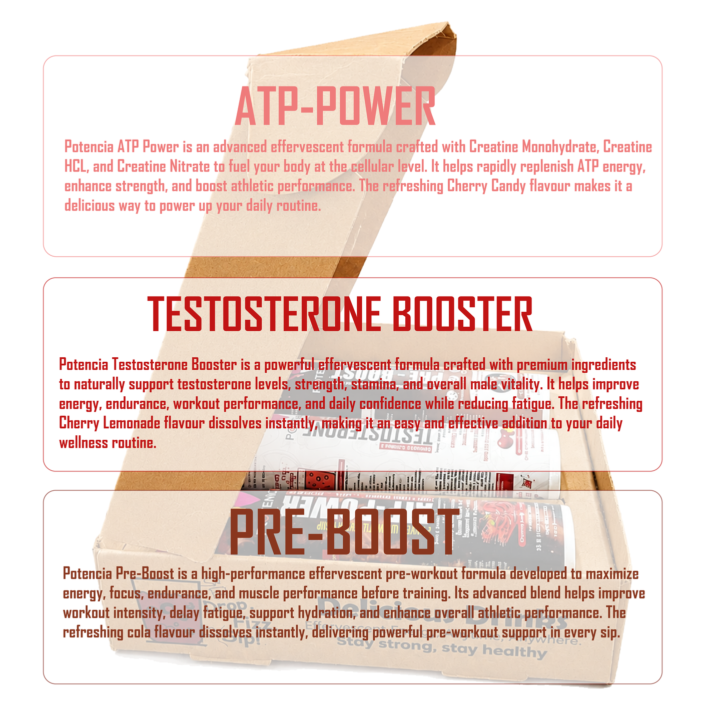 Potencia Testo & ATP Power Pre-Workout Kit | ATP Power + Testosterone Booster + Pre-Boost | Effervescent Tablets | Pack of 3 (45 Tablets)