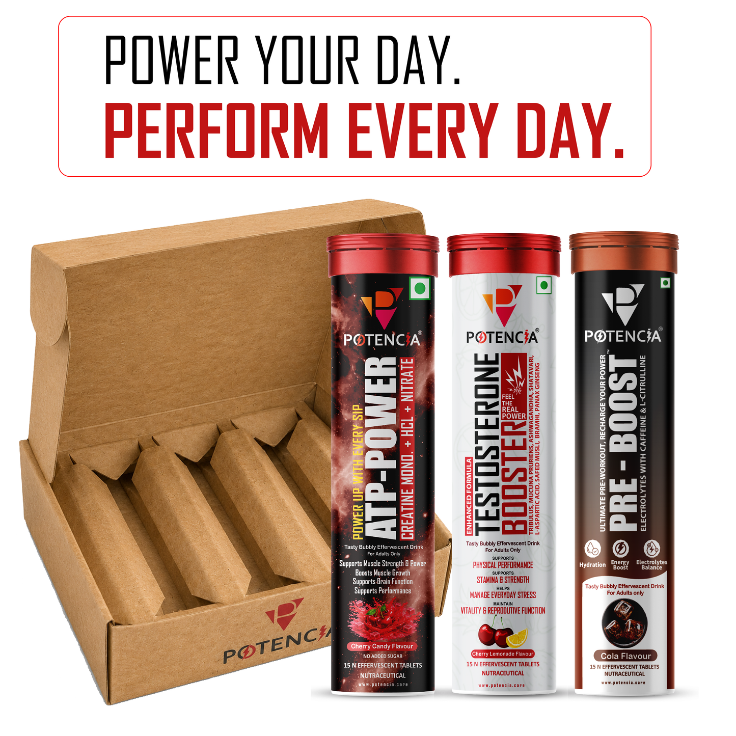Potencia Testo & ATP Power Pre-Workout Kit | ATP Power + Testosterone Booster + Pre-Boost | Effervescent Tablets | Pack of 3 (45 Tablets)