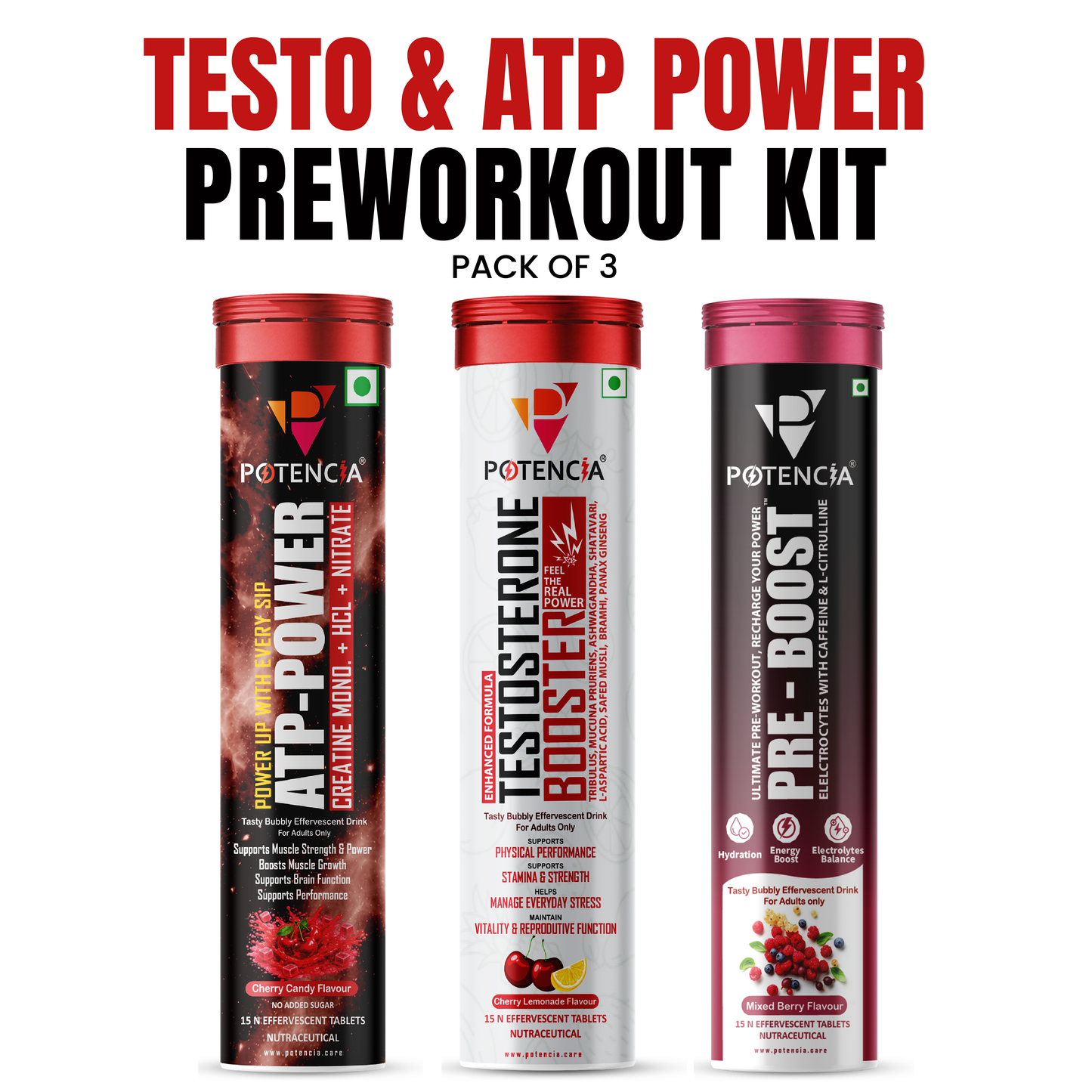 Potencia Testo & ATP Power Pre-Workout Kit | ATP Power + Testosterone Booster + Pre-Boost | Effervescent Tablets | Pack of 3 (45 Tablets)