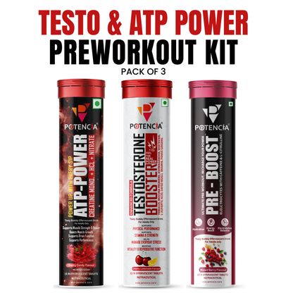 Potencia Testo & ATP Power Pre-Workout Kit | ATP Power + Testosterone Booster + Pre-Boost | Effervescent Tablets | Pack of 3 (45 Tablets)