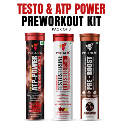 Potencia Testo & ATP Power Pre-Workout Kit | ATP Power + Testosterone Booster + Pre-Boost | Effervescent Tablets | Pack of 3 (45 Tablets)
