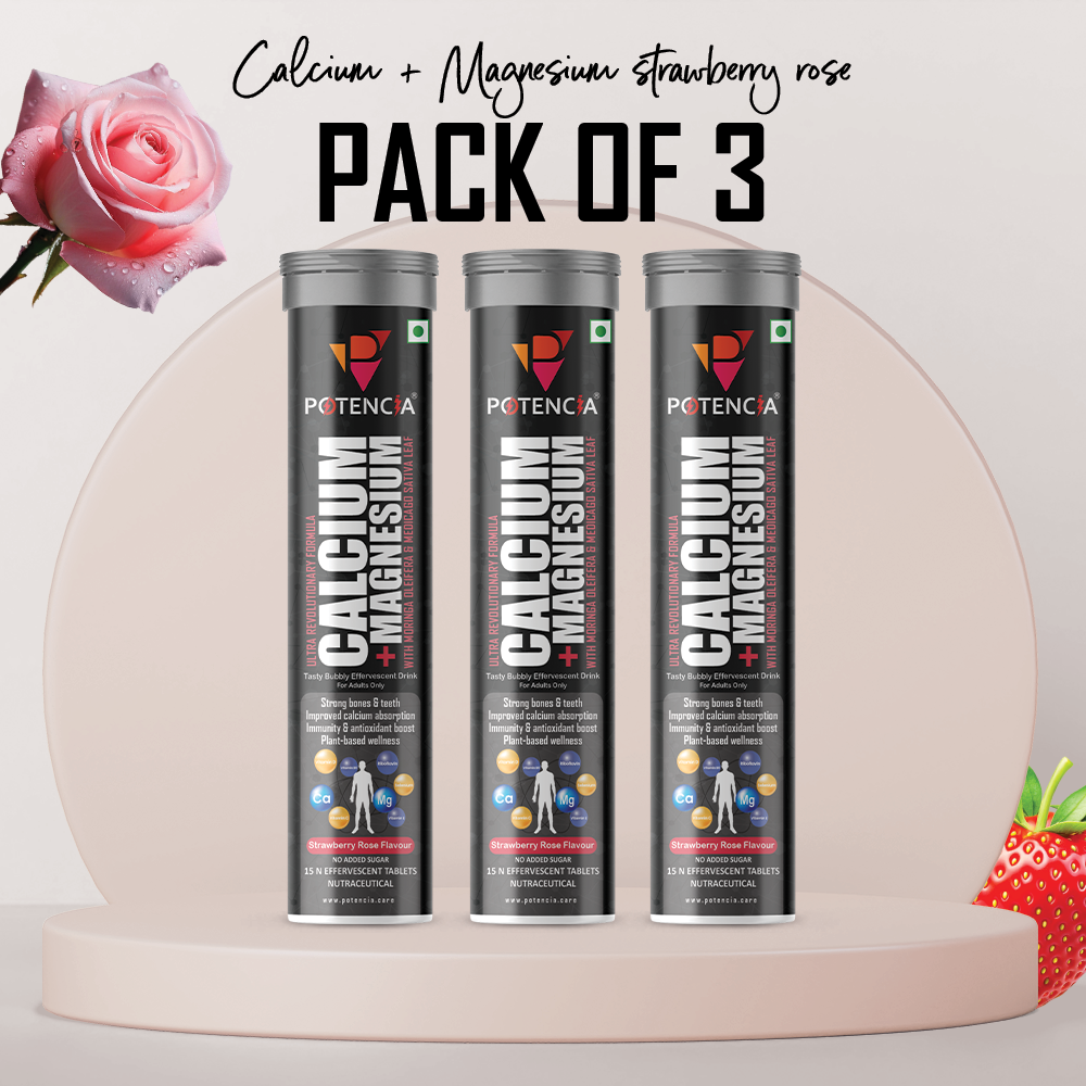 Pack of 3 Potencia Calcium + Magnesium Effervescent Tablets | Strawberry-Rose | Dual Magnesium & Dual Calcium | With Moringa, Medicago & Sativa | 15 Tabs/Bottle