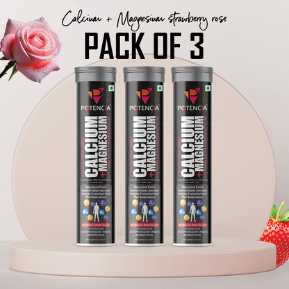 Pack of 3 Potencia Calcium + Magnesium Effervescent Tablets | Strawberry-Rose | Dual Magnesium & Dual Calcium | With Moringa, Medicago & Sativa | 15 Tabs/Bottle