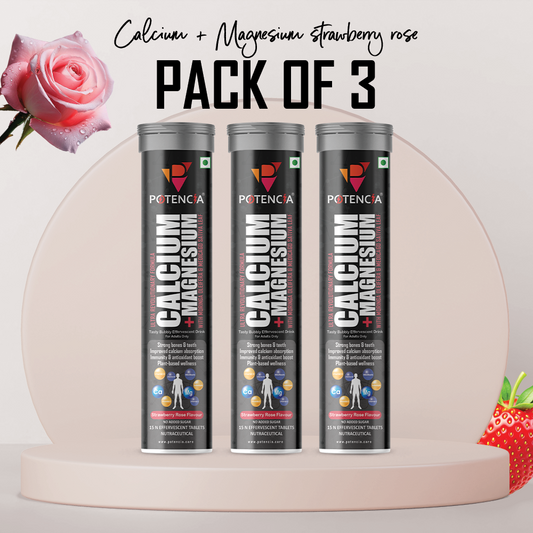 Pack of 3 Potencia Calcium + Magnesium Effervescent Tablets | Strawberry-Rose | Dual Magnesium & Dual Calcium | With Moringa, Medicago & Sativa | 15 Tabs/Bottle