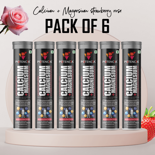 Potencia Pack of 6 Potencia Calcium + Magnesium Effervescent Tablets | Strawberry -Kiwi | Dual Magnesium & Dual Calcium | With Moringa, Medicago & Sativa | 15 Tabs/Bottle