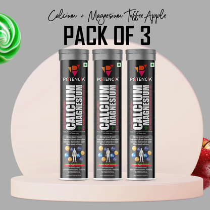 Pack of 3 Potencia Calcium + Magnesium Effervescent Tablets | Toffee Apple | Dual Magnesium & Dual Calcium | With Moringa, Medicago & Sativa | 15 Tabs/Bottle