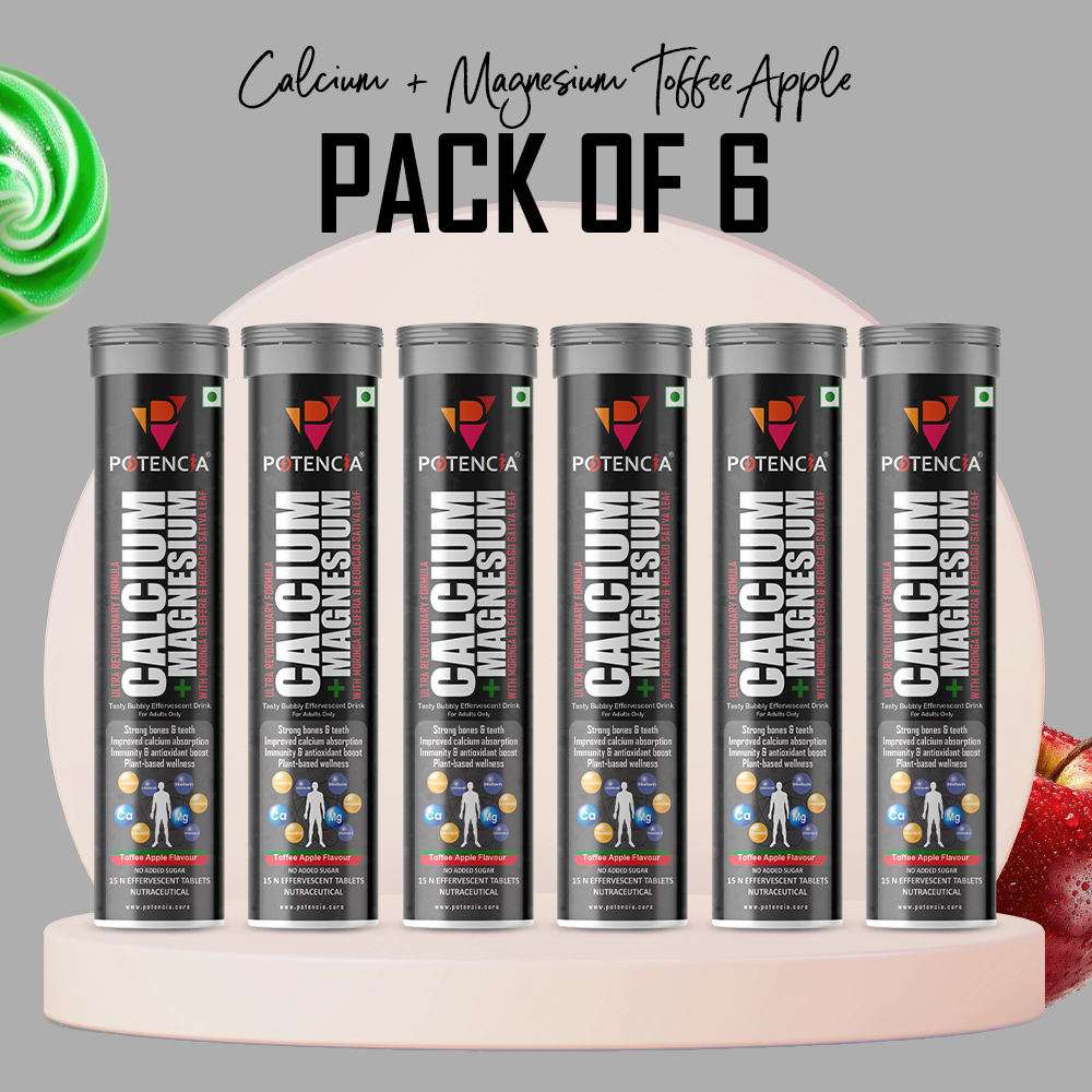Potencia Pack of 6 Potencia Calcium + Magnesium Effervescent Tablets | Toffee-Apple | Dual Magnesium & Dual Calcium | With Moringa, Medicago & Sativa | 15 Tabs/Bottle