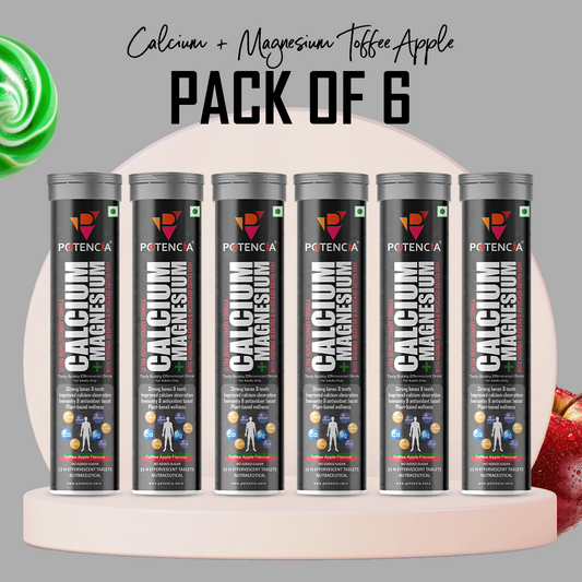 Potencia Pack of 6 Potencia Calcium + Magnesium Effervescent Tablets | Toffee-Apple | Dual Magnesium & Dual Calcium | With Moringa, Medicago & Sativa | 15 Tabs/Bottle