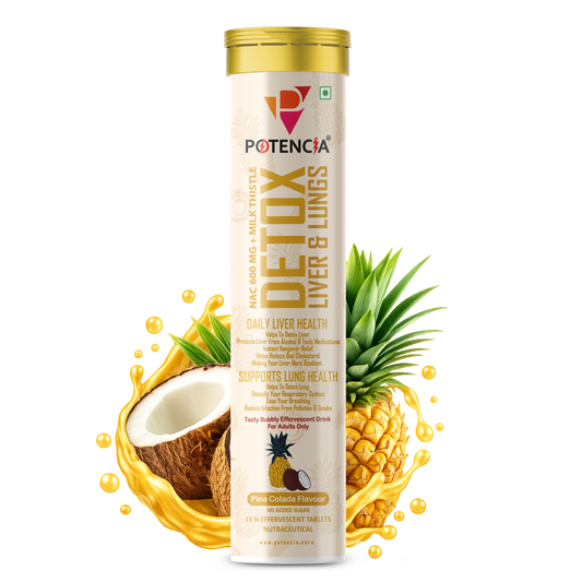 Potencia Liver & Lung Detox Effervescent Tablets | Pinacolada | 10-in-1 Herbal Cleanse with Milk Thistle, NAC, Ginseng, Turmeric & Astaxanthin | Supports Liver Health, Lung Detox & Immunity | 15 Tabs/Bottle