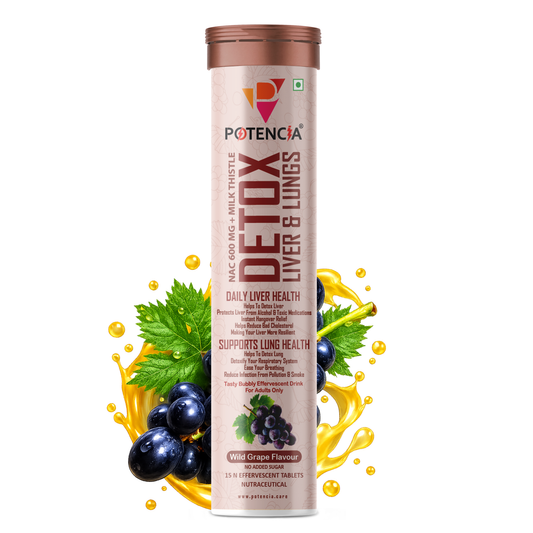 Potencia Liver & Lung Detox Effervescent Tablets | Wild-Grape |10-in-1 Herbal Cleanse with Milk Thistle, NAC, Ginseng, Turmeric & Astaxanthin | Wild - Grape Supports Liver Health, Lung Detox & Immunity | 15 Tabs/Bottle