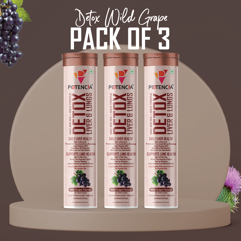 Potencia Pack of 3 Potencia Liver & Lung Detox Effervescent Tablets | Wild Grape | 10-in-1 Herbal Cleanse with Milk Thistle, NAC, Ginseng, Turmeric & Astaxanthin | Supports Liver Health, Lung Detox & Immunity | 15 Tabs/Bottle