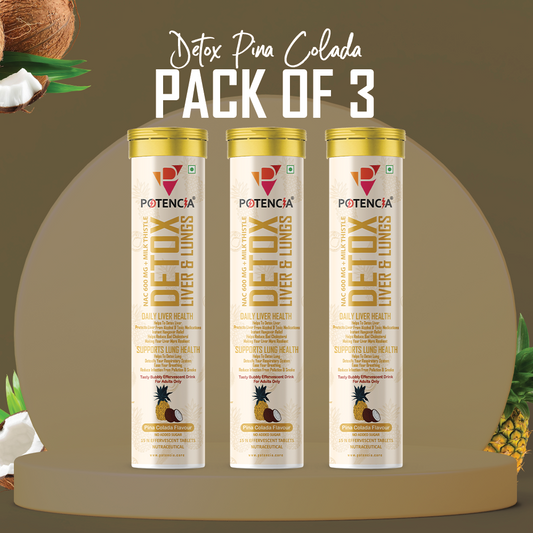 Potencia Pack of 3 Potencia Liver & Lung Detox Effervescent Tablets | Pina-Colada | 10-in-1 Herbal Cleanse with Milk Thistle, NAC, Ginseng, Turmeric & Astaxanthin | Supports Liver Health, Lung Detox & Immunity