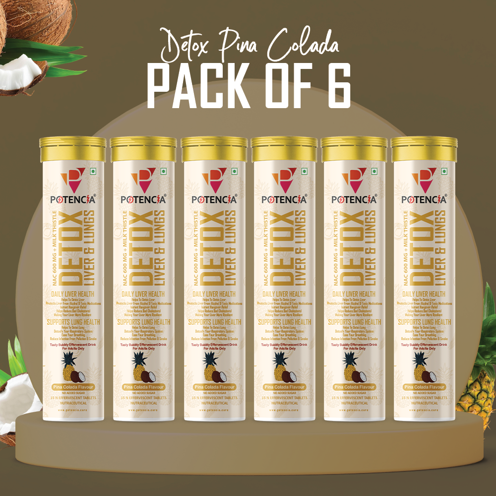 Potencia Pack of 6 Potencia Liver & Lung Detox Effervescent Tablets | Pina-Colada | 10-in-1 Herbal Cleanse with Milk Thistle, NAC, Ginseng, Turmeric & Astaxanthin | Supports Liver Health, Lung Detox & Immunity | 15 Tabs/Bottle