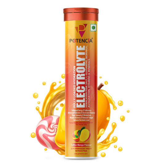 Potencia Electrolyte Hydration Effervescent Tablets | Toffee Mango | With Glutamine, Moringa, Astaxanthin, Biotin & Himalayan Pink Salt | 15 Tabs/Bottle