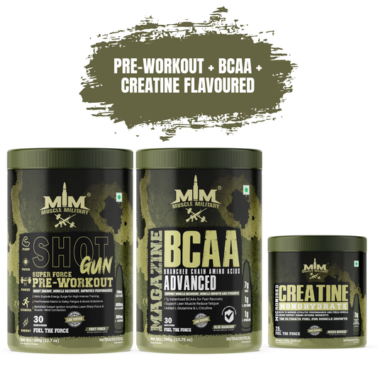Muscle MIlitary PRE-WORKOUT SHOTGUN + MAGAZINE BCAA+ Micronised Creatine Monohydrate Flavoured COMBO