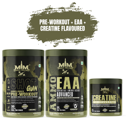 Muscle MIlitary PRE-WORKOUT SHOTGUN + AMMO EAA + Micronised Creatine Monohydrate Flavoured COMBO