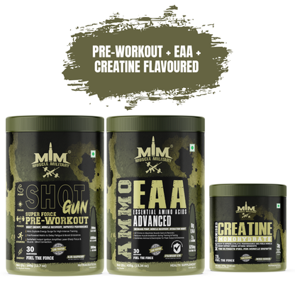 Muscle MIlitary PRE-WORKOUT SHOTGUN + AMMO EAA + Micronised Creatine Monohydrate Flavoured COMBO