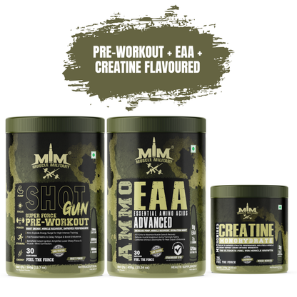 Muscle MIlitary PRE-WORKOUT SHOTGUN + AMMO EAA + Micronised Creatine Monohydrate Flavoured COMBO