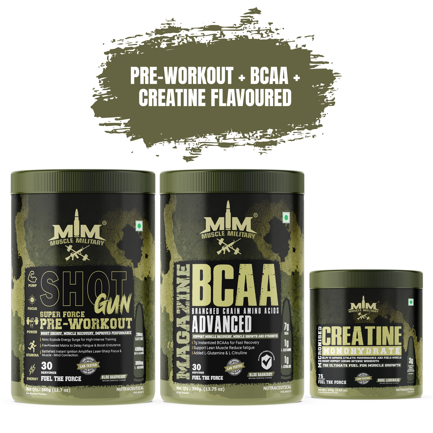 Muscle MIlitary PRE-WORKOUT SHOTGUN + MAGAZINE BCAA+ Micronised Creatine Monohydrate Flavoured COMBO