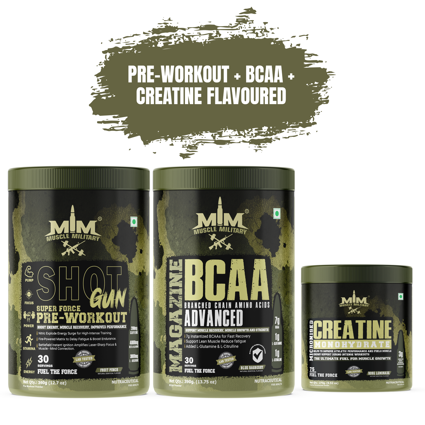 Muscle MIlitary PRE-WORKOUT SHOTGUN + MAGAZINE BCAA+ Micronised Creatine Monohydrate Flavoured COMBO