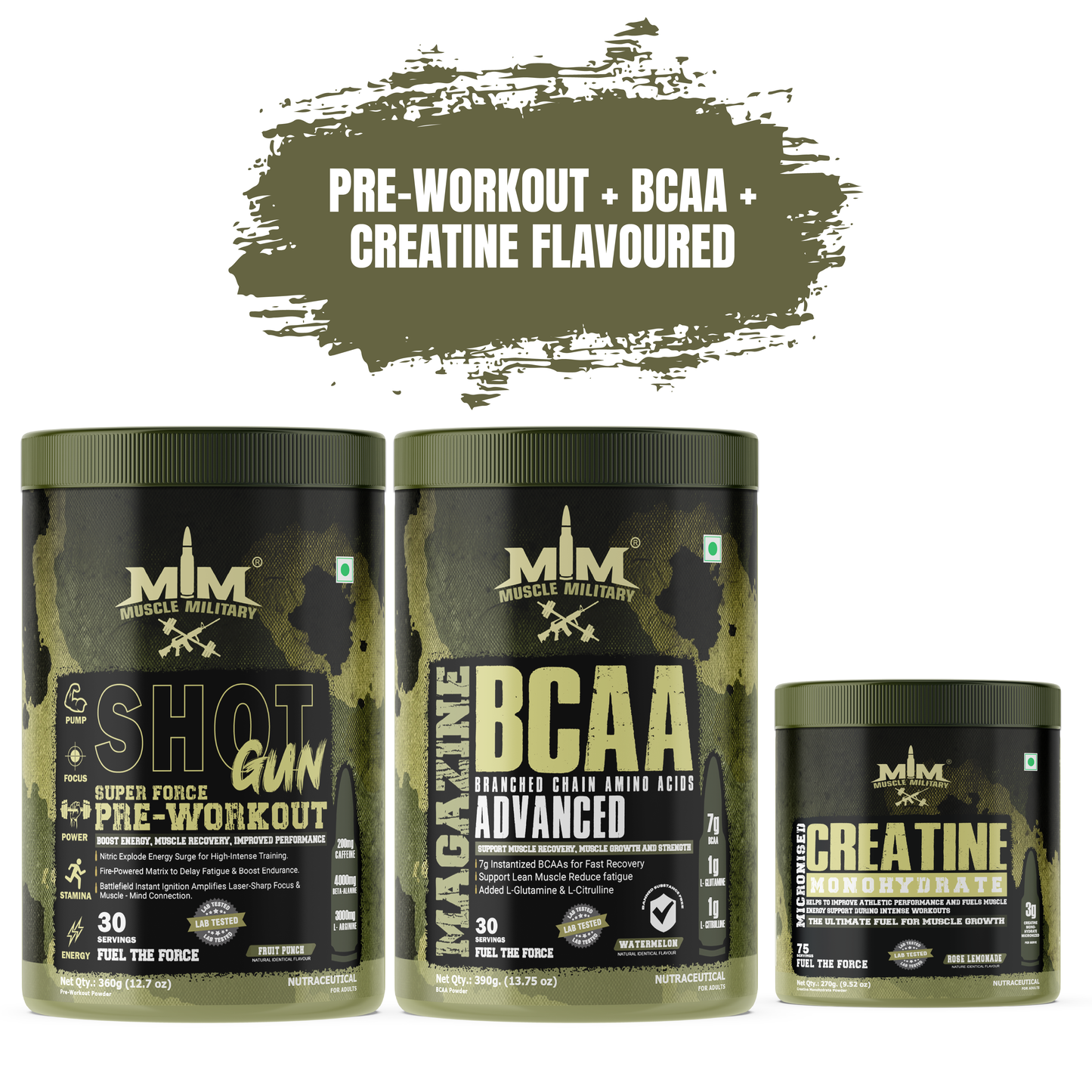 Muscle MIlitary PRE-WORKOUT SHOTGUN + MAGAZINE BCAA+ Micronised Creatine Monohydrate Flavoured COMBO