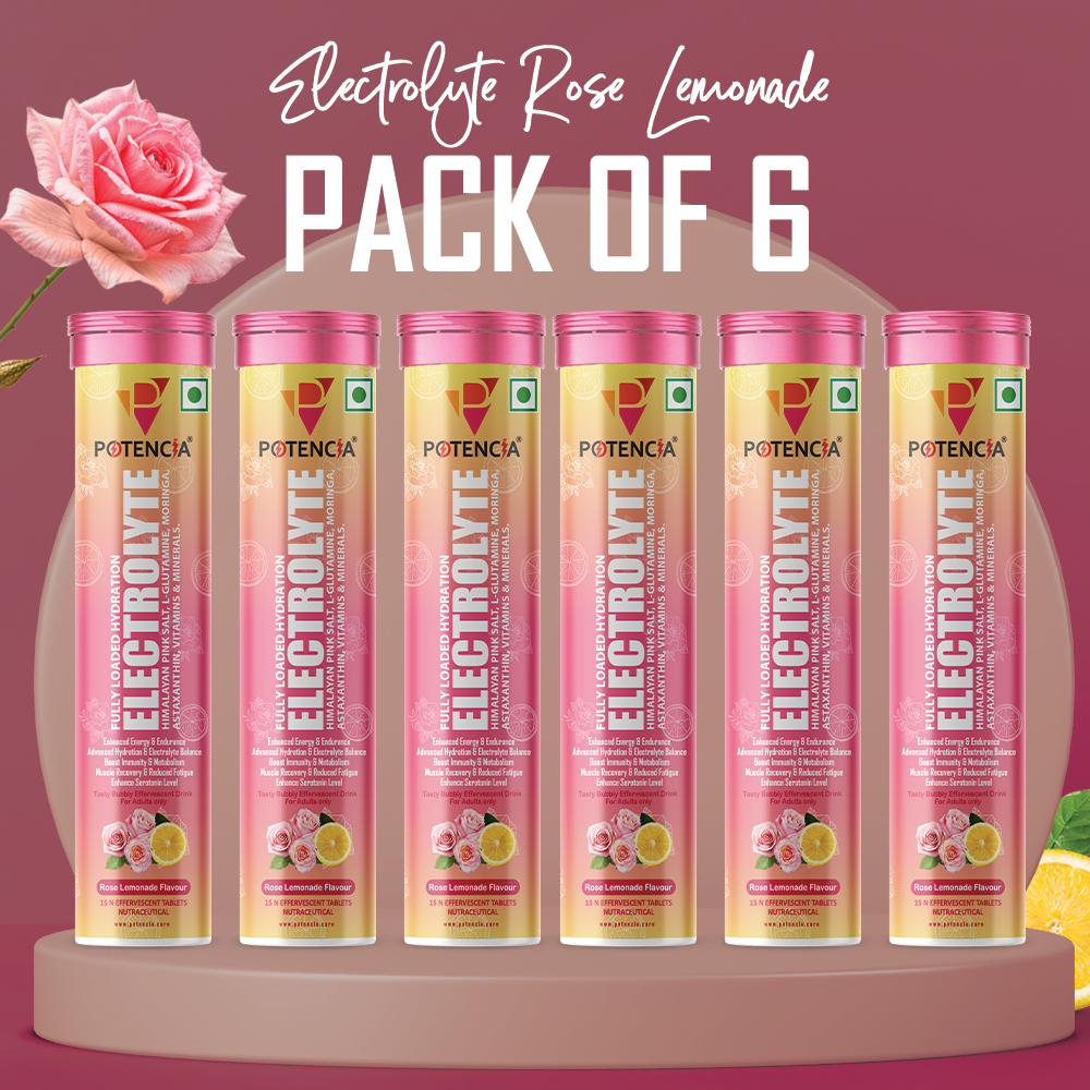 Potencia Pack of 6 Potencia Electrolyte Hydration Effervescent Tablets | Rose Lemonade | Glutamine, Moringa, Astaxanthin, Biotin & Himalayan Pink Salt | 90 Tabs/Bottle