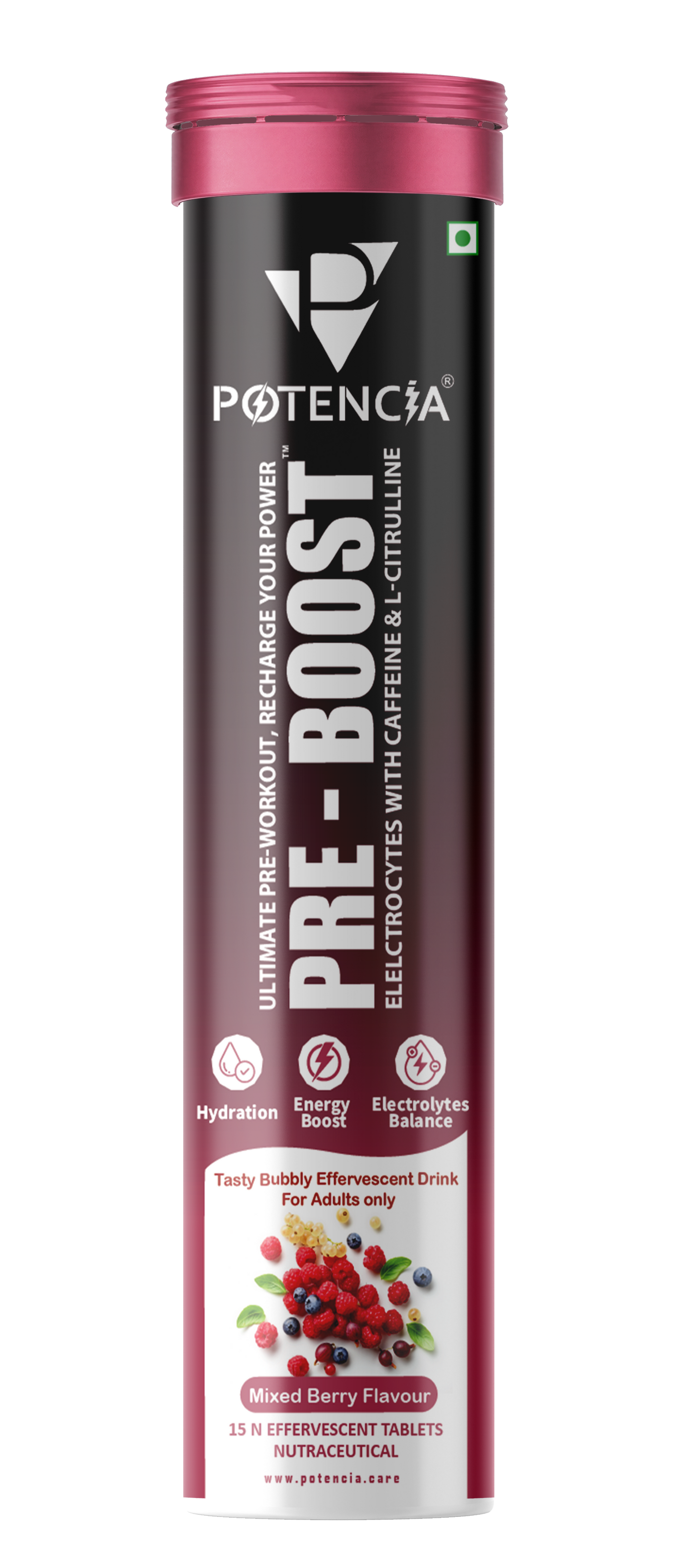 Potencia PRE-BOOST | Pre-Workout Effervescent Tablets | Energy + Hydration + Pump |Citrulline, Taurine, Caffeine & Beta-Alanine | 15 Tabs/Bottle