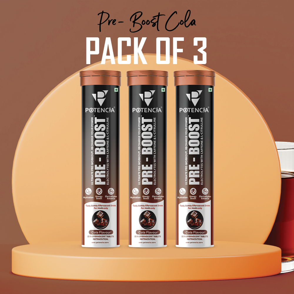 Potencia Pack of 3 Potencia PRE-BOOST | Cola | Pre-Workout Effervescent Tablets | Energy + Hydration + Pump | With Citrulline, Taurine, Caffeine & Beta-Alanine | 45 Tabs/Bottle