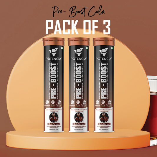 Potencia Pack of 3 Potencia PRE-BOOST | Cola | Pre-Workout Effervescent Tablets | Energy + Hydration + Pump | With Citrulline, Taurine, Caffeine & Beta-Alanine | 45 Tabs/Bottle