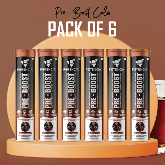 Potencia Pack of 6 Potencia PRE-BOOST | Cola | Pre-Workout Effervescent Tablets | Energy + Hydration + Pump | With Citrulline, Taurine, Caffeine & Beta-Alanine | 15 Tabs/Bottle