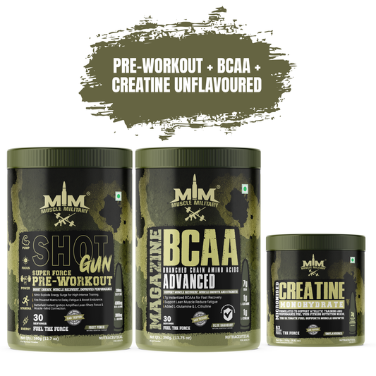 Muscle MIlitary PRE-WORKOUT SHOTGUN + MAGAZINE BCAA+ Micronised Creatine Monohydrate Unflavoured COMBO